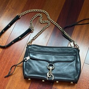 Rebecca Minkoff Black Leather Crossbody Bag with Gold Chain